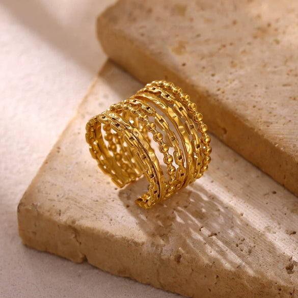 Wide Hollow Gold Plated Titanium Steel Open Ring With Irregular Ushaped Cross And Line Design Unisex Geometric Jewelry