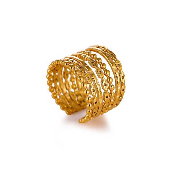Wide Hollow Gold Plated Titanium Steel Open Ring With Irregular Ushaped Cross And Line Design Unisex Geometric Jewelry