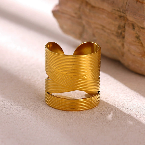 Wide Hollow Gold Plated Titanium Steel Open Ring With Irregular Ushaped Cross And Line Design Unisex Geometric Jewelry