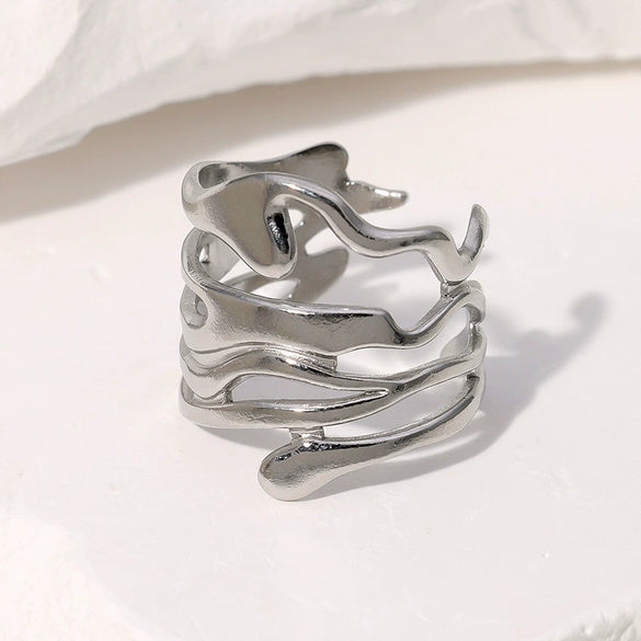 Wide Irregular Titanium Steel Ring For Women With Geometric Design Electroplated