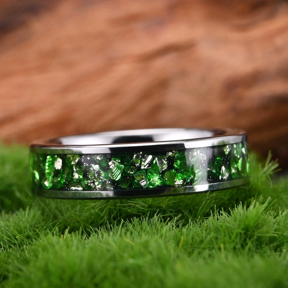 Wide Minimalist Geometric Gold Tone Tungsten Steel Ring Set With Green Crystal Accents Unisex Electroplated Jewelry