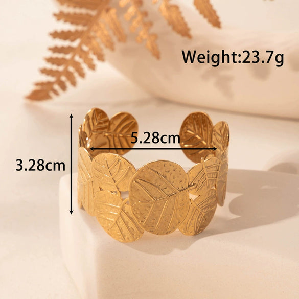 Wide Open Adjustable Titanium Steel Bracelet With Electroplating Treatment And Plants And Flowers Style
