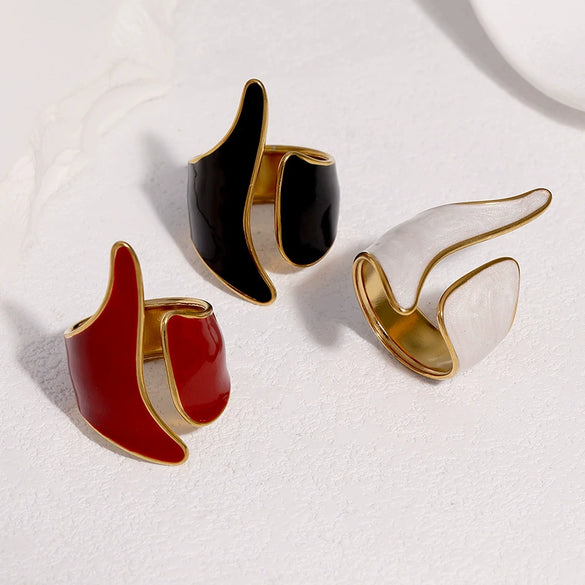 Wide Open Geometric Stainless Steel Ring For Women With Retro Oil Drip Style And Gold Tone Electroplated Finish