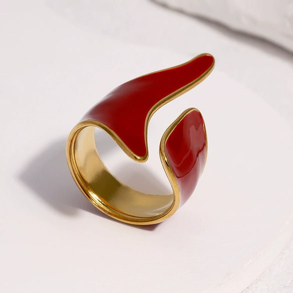 Wide Open Geometric Stainless Steel Ring For Women With Retro Oil Drip Style And Gold Tone Electroplated Finish