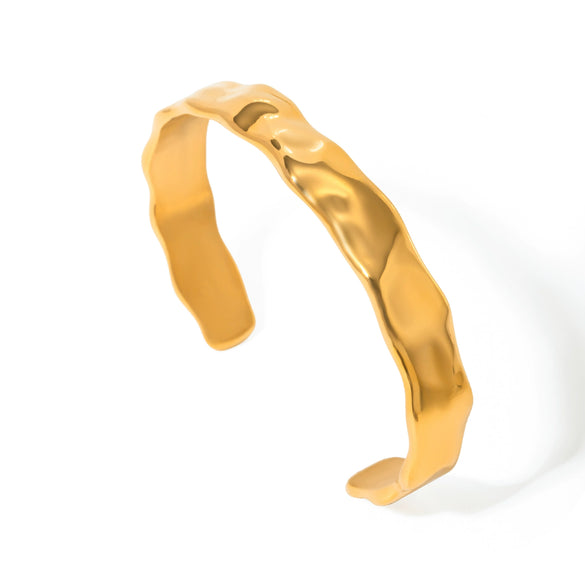 Wide Open Wave Hammer Stainless Steel Bracelet With 18K Gold Electroplating And Geometric Style