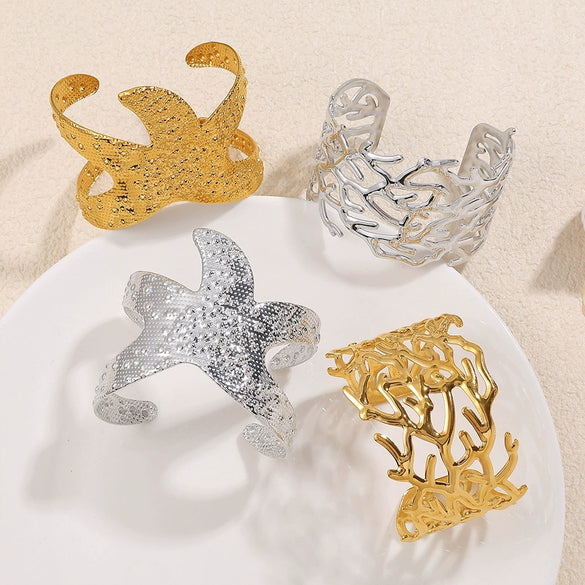 Wide Opening Cut Out Starfish 316L Stainless Steel 18K Gold Plated Electroplated Bracelet For Women