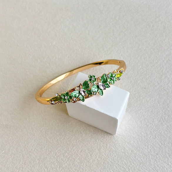 Wide Painted Enamel Openwork Bracelet With Floral Pattern Retro Plated Jewelry Accessory