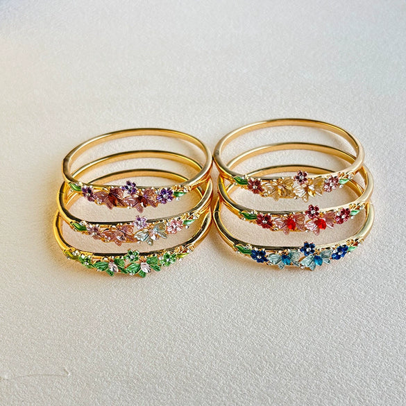 Wide Painted Enamel Openwork Bracelet With Floral Pattern Retro Plated Jewelry Accessory