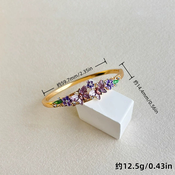 Wide Painted Enamel Openwork Bracelet With Floral Pattern Retro Plated Jewelry Accessory