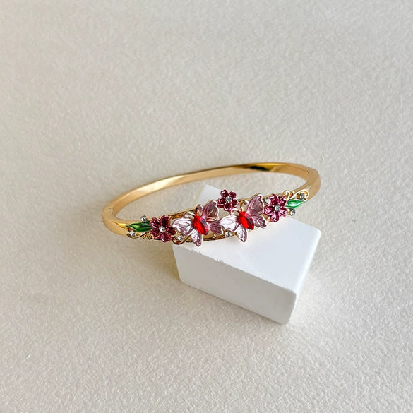 Wide Painted Enamel Openwork Bracelet With Floral Pattern Retro Plated Jewelry Accessory