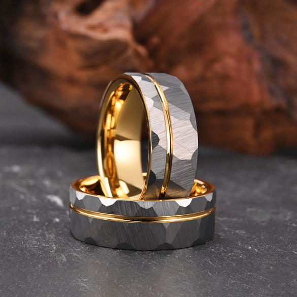 Wide Tungsten Steel Ring With Electroplated Gold Finish And Hammered Geometric Pattern Minimalist Unisex Jewelry