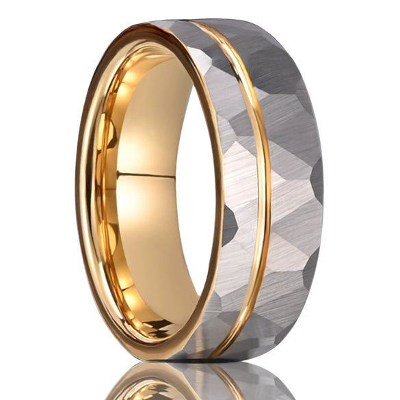 Wide Tungsten Steel Ring With Electroplated Gold Finish And Hammered Geometric Pattern Minimalist Unisex Jewelry