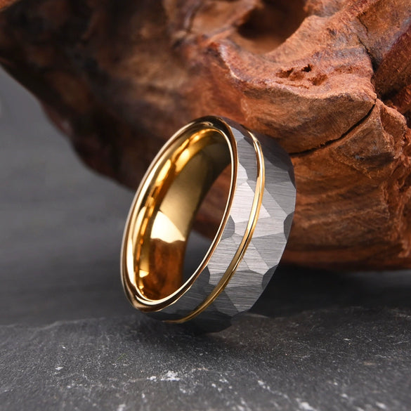 Wide Tungsten Steel Ring With Electroplated Gold Finish And Hammered Geometric Pattern Minimalist Unisex Jewelry