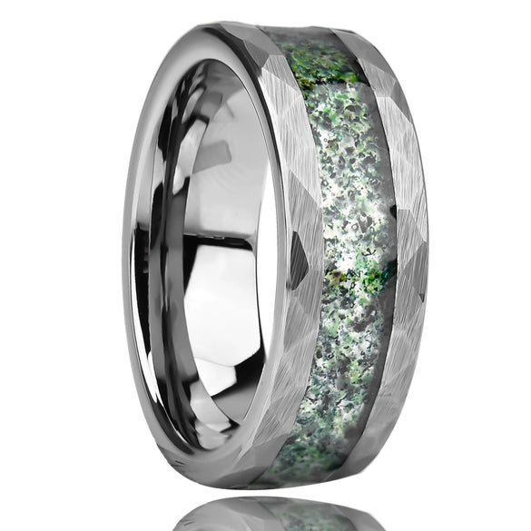 Wide Tungsten Steel Ring With Flat Hammered Texture And Water Grass Stone Inlay Minimalist Geometric Unisex Jewelry