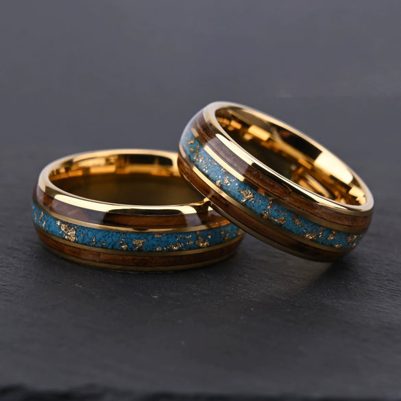 Wide Tungsten Steel Ring With Gold Electroplated Finish Turquoise And Wood Inlay Geometric Unisex Light Luxury Jewelry
