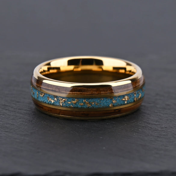 Wide Tungsten Steel Ring With Gold Electroplated Finish Turquoise And Wood Inlay Geometric Unisex Light Luxury Jewelry