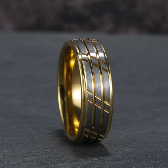 Wide Tungsten Steel Ring With Gold Tone Electroplated Finish Minimalist Geometric Design For Unisex Jewelry