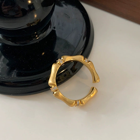 Wiredrawing Bamboo Copper Ring With Geometric Pattern Diamondencrusted Electroplated Open Design For Women Highend Sense