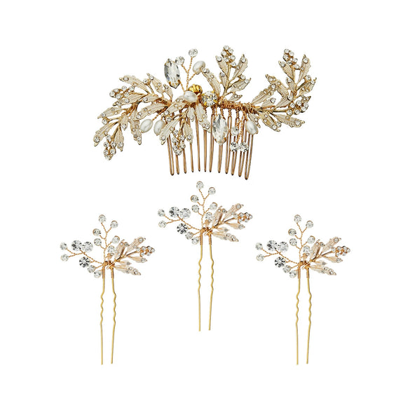 Women Bridal Hairpin Comb Set Alloy Rhinestone Handmade Flower Pearl Hair Accessories Wedding Headdress