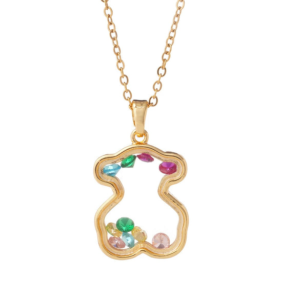 Women Copper Gold Plated Love Bear Pendant Necklace With Heart Shape Geometric Pattern And Mixed Gemstone Inlay
