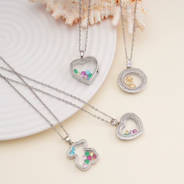 Women Copper Gold Plated Love Bear Pendant Necklace With Heart Shape Geometric Pattern And Mixed Gemstone Inlay