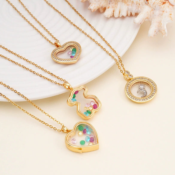 Women Copper Gold Plated Love Bear Pendant Necklace With Heart Shape Geometric Pattern And Mixed Gemstone Inlay