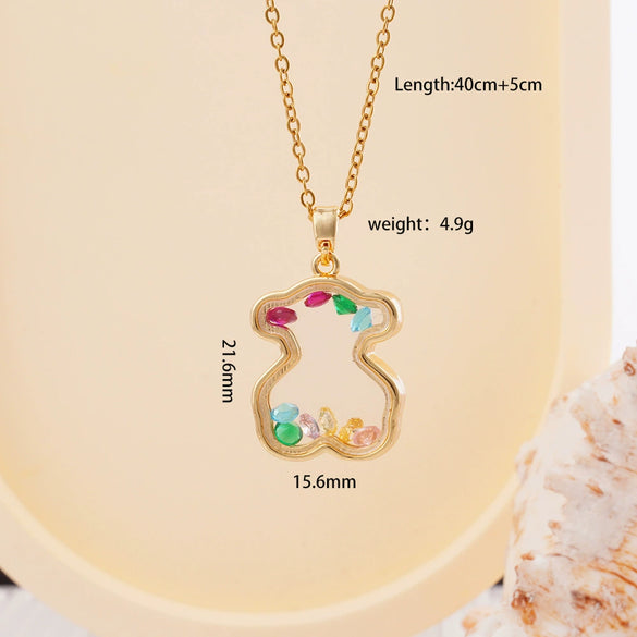 Women Copper Gold Plated Love Bear Pendant Necklace With Heart Shape Geometric Pattern And Mixed Gemstone Inlay