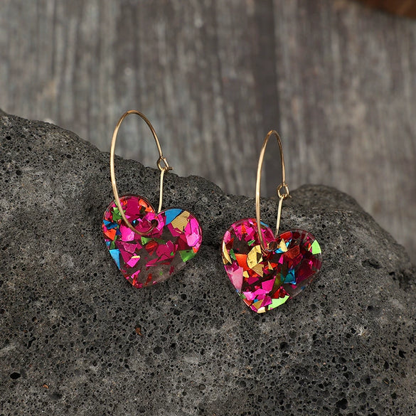 Women Earrings Plastic Resin Heartshaped Sequins Printing Valentine's Day Series