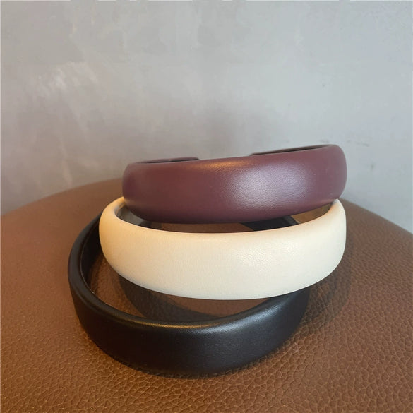 Women Elegant French Style Pu Leather Hair Band Handmade Simple Geometric Headband Hair Accessory
