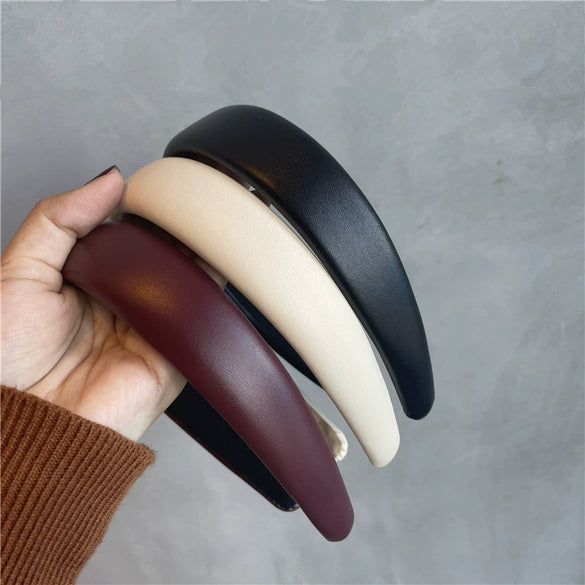 Women Elegant French Style Pu Leather Hair Band Handmade Simple Geometric Headband Hair Accessory