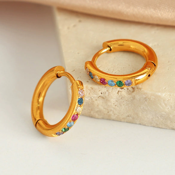 Women Fashion Geometric Round Micro Set Color Zircon 316L Stainless Steel Earrings With Electroplating