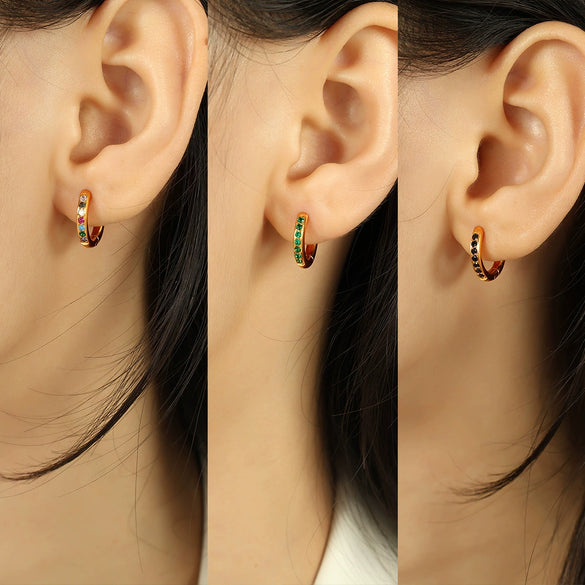 Women Fashion Geometric Round Micro Set Color Zircon 316L Stainless Steel Earrings With Electroplating
