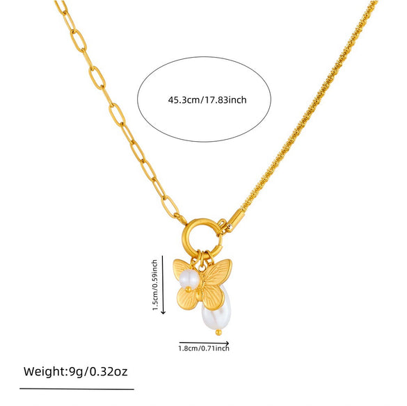 Women Fashion Simple Creative Stainless Steel Butterfly Drop Shape Pendant Necklace With Asymmetric Cross Chain And Electroplating Design