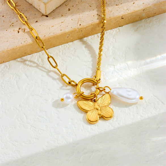 Women Fashion Simple Creative Stainless Steel Butterfly Drop Shape Pendant Necklace With Asymmetric Cross Chain And Electroplating Design