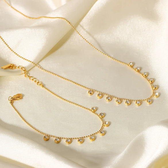 Women Fashion Stainless Steel And Titanium Steel Necklace And Bracelet With Diamond Tassel And Geometric Pattern Electroplated