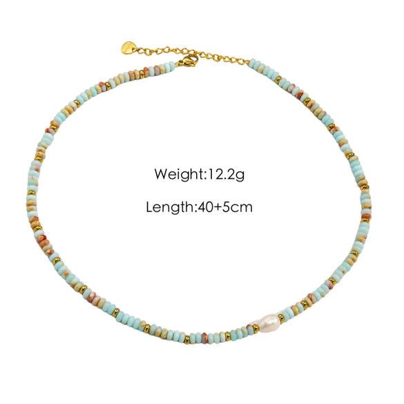 Women Handmade Natural Pearl Natural Stone Huangbei Crystal Stainless Steel Geometric Style Necklace With Electroplating