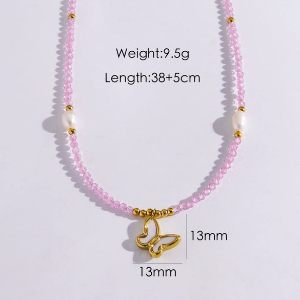 Women Handmade Natural Pearl Natural Stone Huangbei Crystal Stainless Steel Geometric Style Necklace With Electroplating