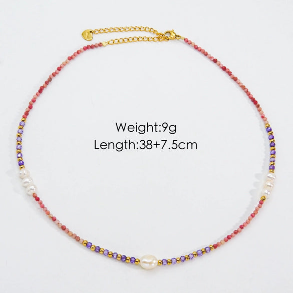 Women Handmade Natural Pearl Natural Stone Huangbei Crystal Stainless Steel Geometric Style Necklace With Electroplating