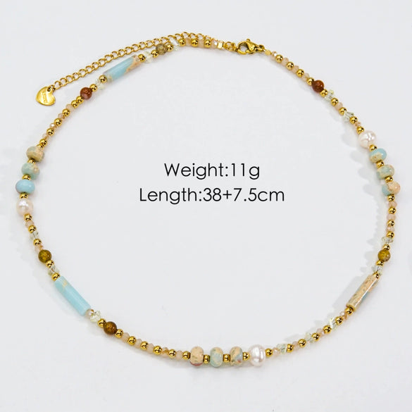 Women Handmade Natural Pearl Natural Stone Huangbei Crystal Stainless Steel Geometric Style Necklace With Electroplating
