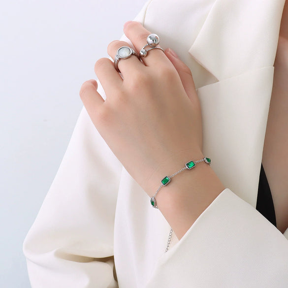 Women Jewelry Niche Style 316L Stainless Steel Inlaid Emerald Zircon Geometric Square Plated 18K Gold