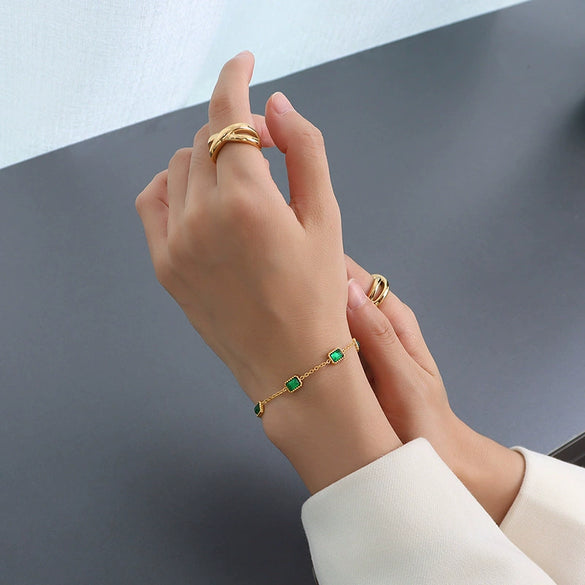 Women Jewelry Niche Style 316L Stainless Steel Inlaid Emerald Zircon Geometric Square Plated 18K Gold