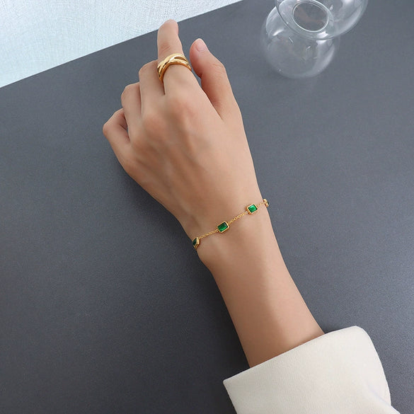 Women Jewelry Niche Style 316L Stainless Steel Inlaid Emerald Zircon Geometric Square Plated 18K Gold