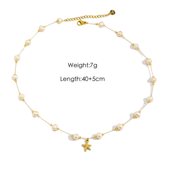 Women Necklace Stainless Steel Titanium Steel Natural Pearl Beaded Handmade Geometric Heart Shape Pendant