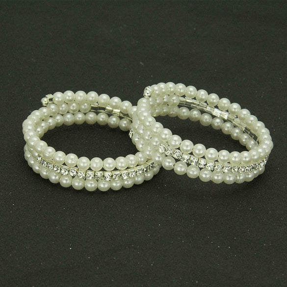 Women Pearl Handmade Geometric Threelayer Spiral Wide Bracelet