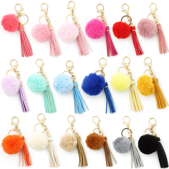 Women Pendant Fur Ball Leather Tassel Keychain Plush Accessories