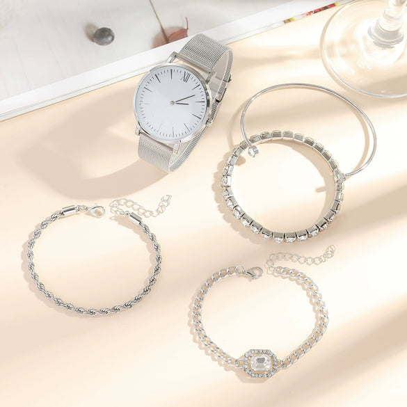 Women Quartz Watch Alloy Mesh Band Round Dial Stainless Steel Clasp Fashion Style