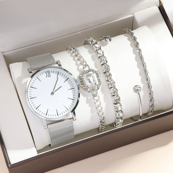 Women Quartz Watch Alloy Mesh Band Round Dial Stainless Steel Clasp Fashion Style