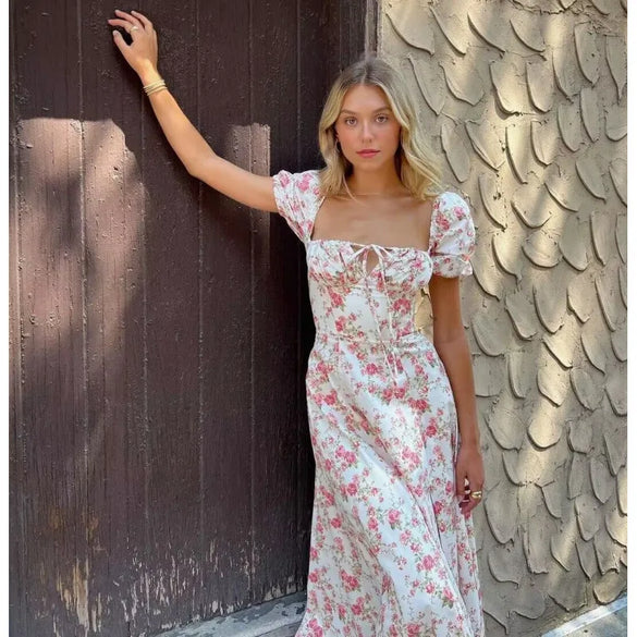 Wholesale Women'S Casual Elegant Streetwear Flower Holiday Banquet Selfie Square Neck Short Sleeve A- Line Skirt