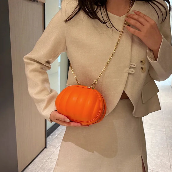 Women'S Pu Leather Pumpkin Solid Color Cute Sewing Thread Round Zipper Crossbody Bag