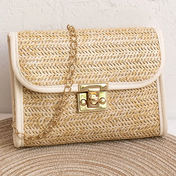Women'S Straw Solid Color Vacation Square Flip Cover Square Bag